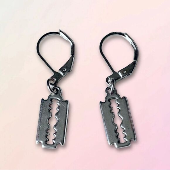 Dainty, Faux Razor Blade, Nickel Free Small Hoop Earrings - Picture 1 of 5